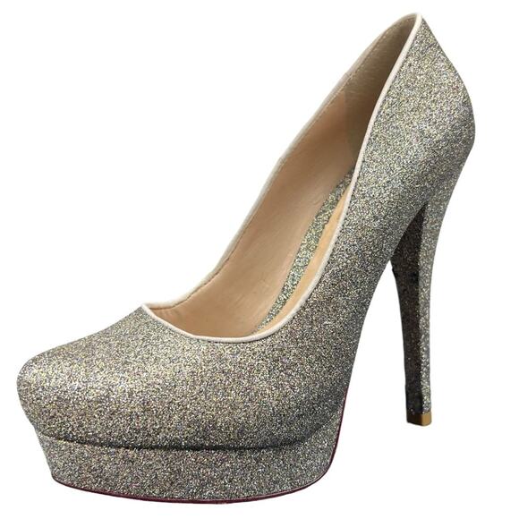 SCHUTZ Shoes - Schutz Gold Glitter Platform Ultra High Heels sz 6 Leather Pumps Cocktail Party